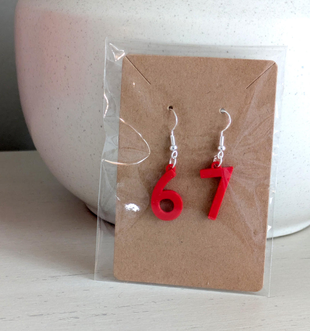 Red Number “67” Drop Earrings – Fun, Bold & Unique Statement Jewelry
