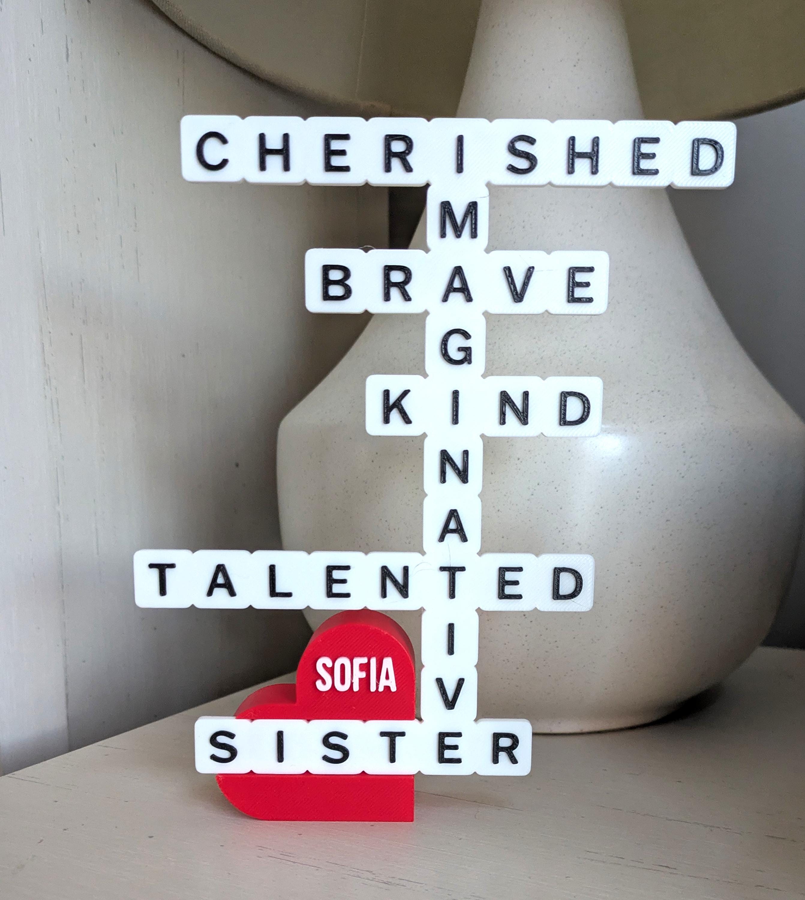 Personalized Sister Gift Crossword | Inspirational Word Art | Custom Name Sister Decor | 3D Printed Keepsake